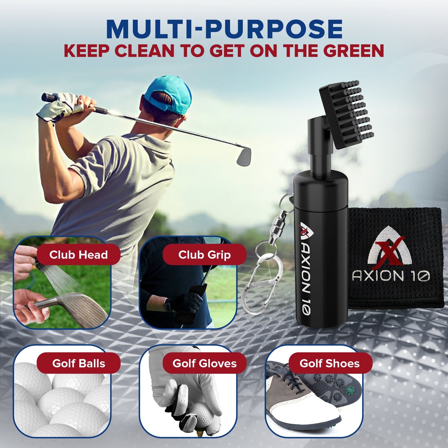Axion10 Pro Golf Club Cleaner Brush with Golf Towel